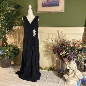 Long dark navy blue chiffon V neck dress